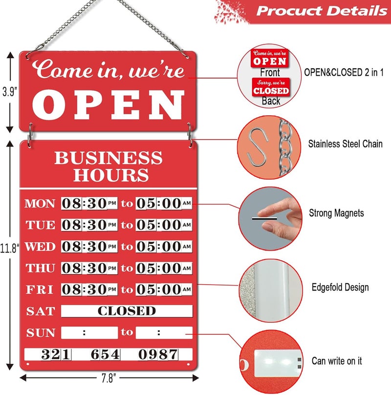 Magrooyar Magnetic Changeable Business Hours Sign with Double Sided Open Closed Signs, Metal Hours of Operation Signs, Store Hours Sign for Glass Door or Window（RED） - Image 3